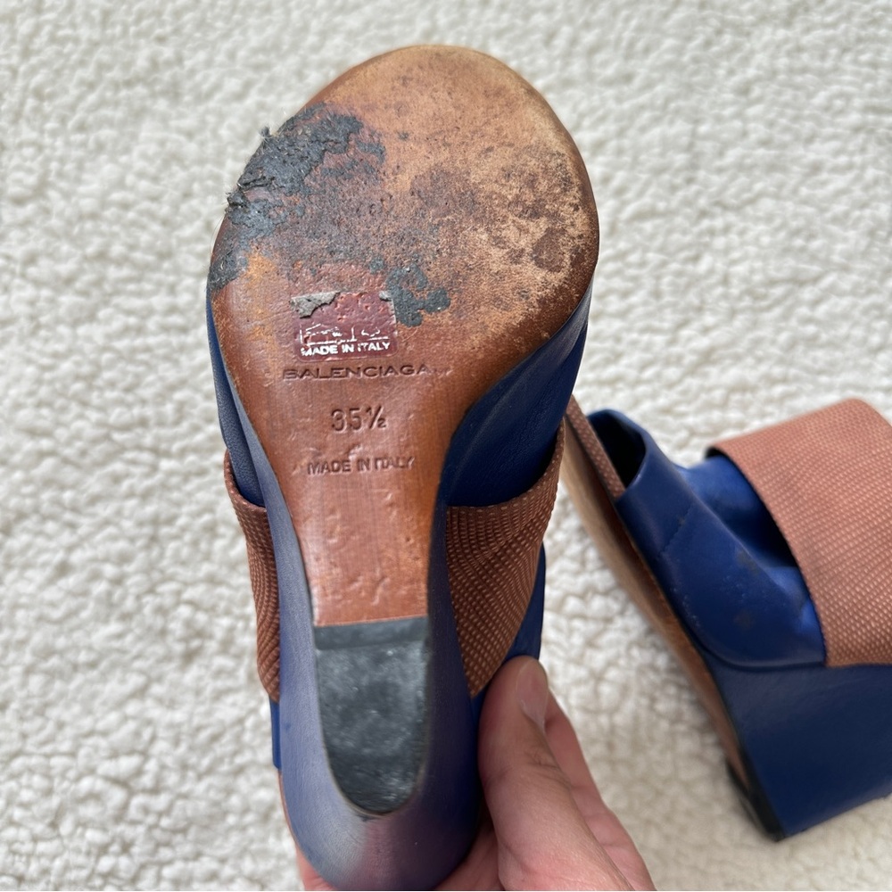 Balenciaga Blue/Brown Leather Open Toe Glove Slingback Sandals Size 35.5 - Picture 3 of 9